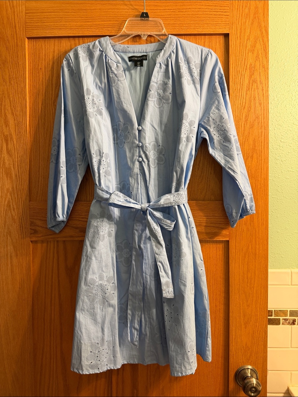 Cynthia Rowley Light Blue Eyelet Tie-Waist Mini Dress